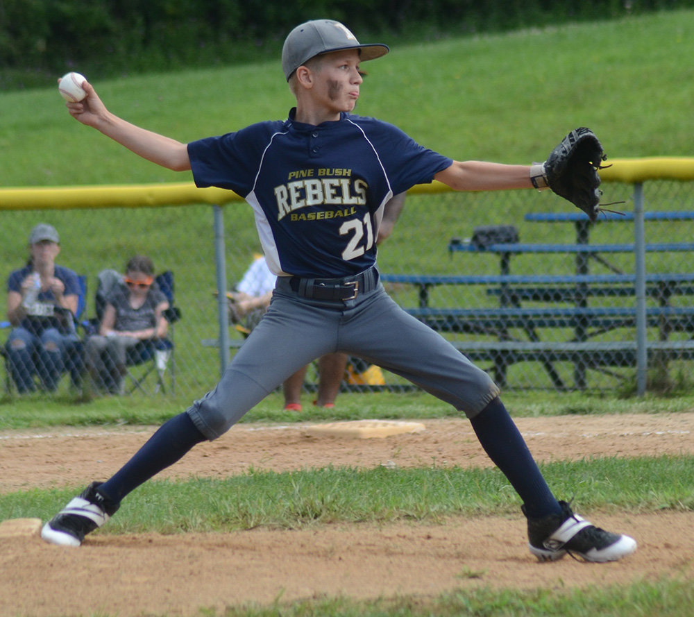 Easton Vellenga pitches for the Pine Bush Rebels during Saturday’s New York Elite Baseball Around the Horn 12U tournament game at the Town of Newburgh Little League complex.